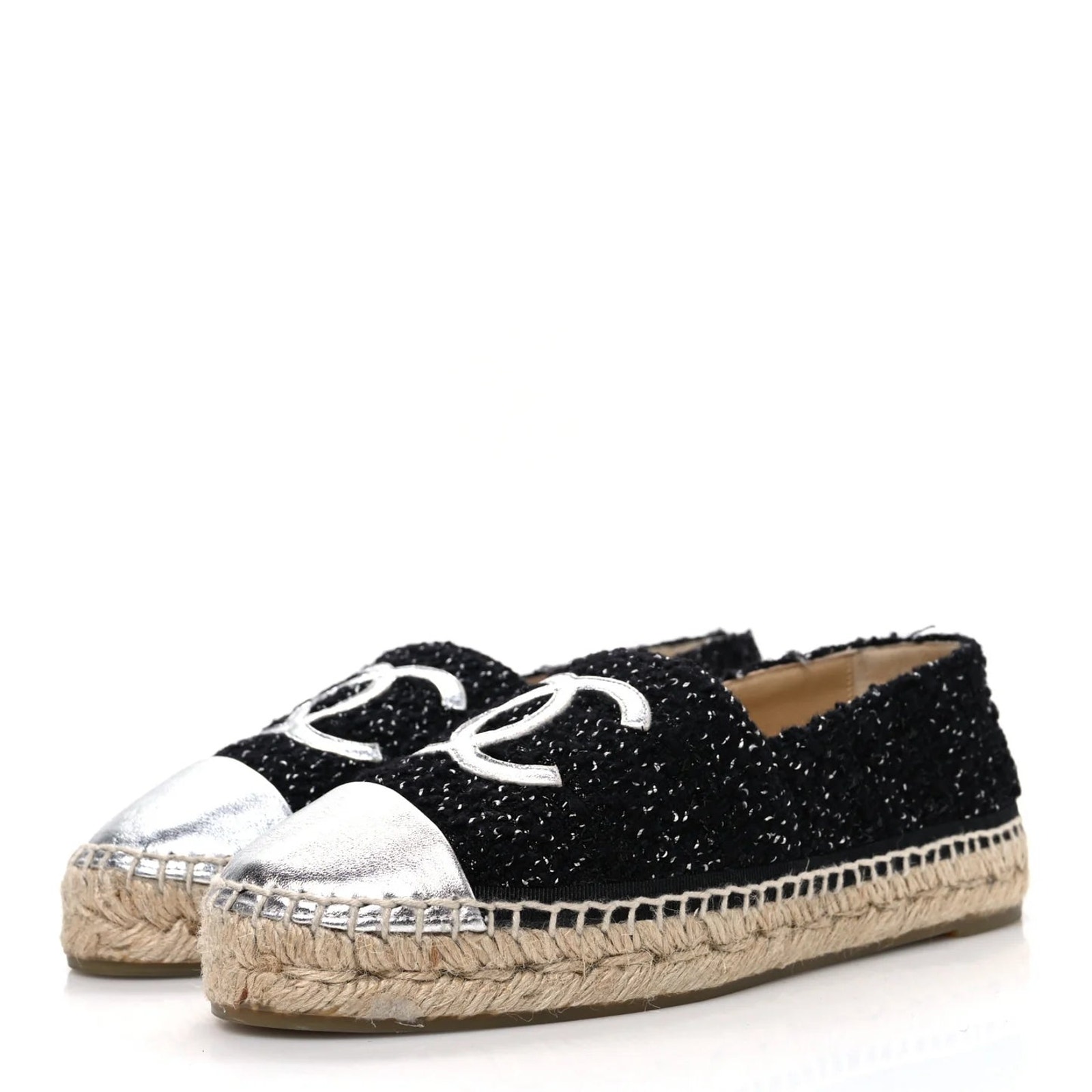 Chanel Lambskin Metallic Tweed Cc Espadrilles Flat Black Silver Women's Eu 37